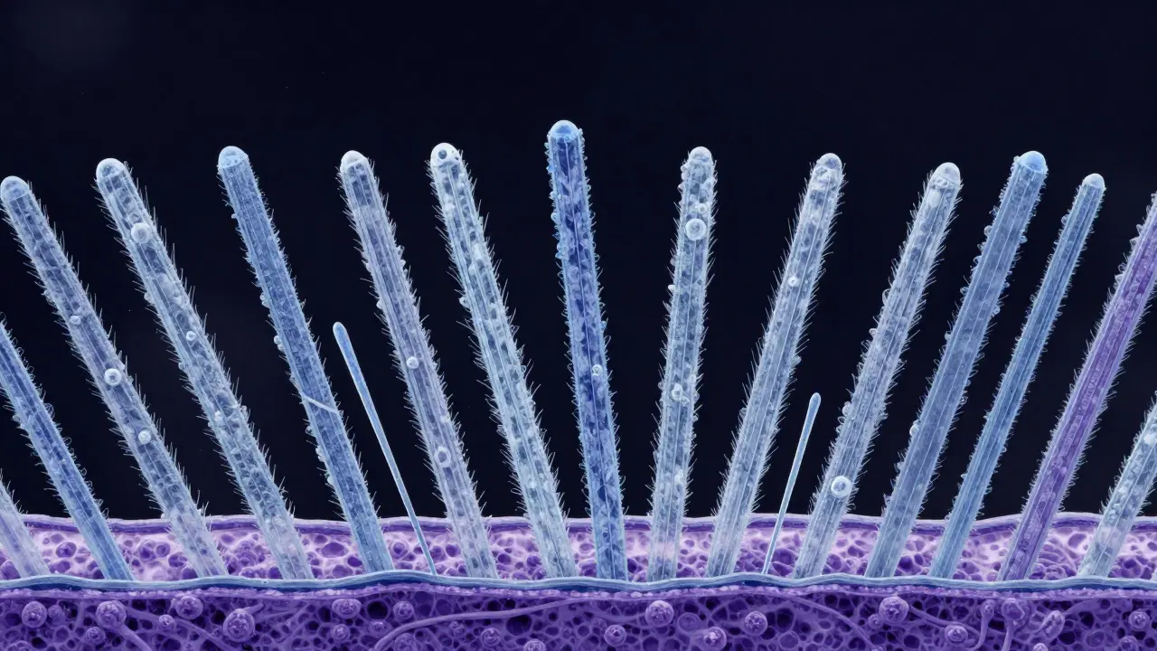 Mikroskopický pohled na vlákna azbestu ve vzduchu
