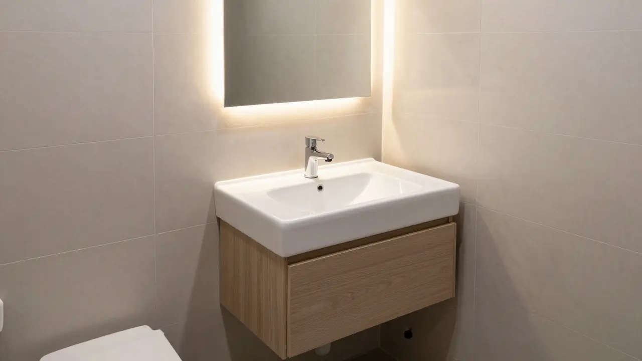 Moderní koupelna s integrovaným umyvadlem a úhledným uskladněním.