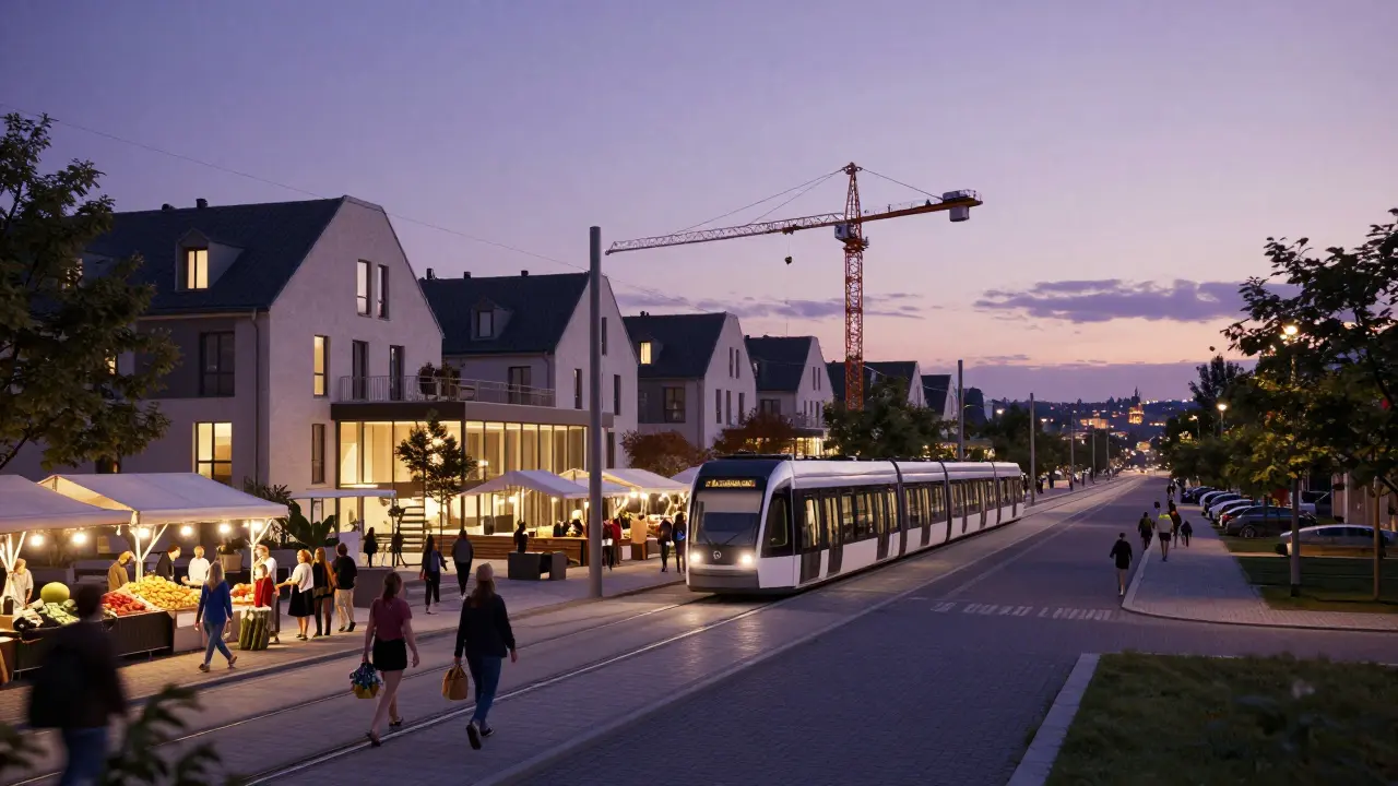 Moderní tramvajová trať vede do nové čtvrtě v Bohdalci, kde rodiny žijí poblíž škol, tržnic a komunitního centra.