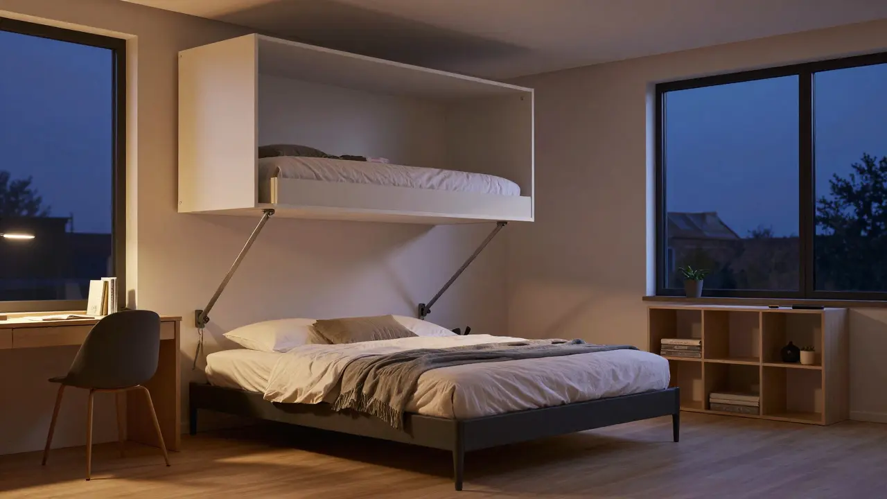 Murphy postel snížená ze zdi v moderním bytě, s postelí připravenou k spaní a denním nábytkem na podlaze.