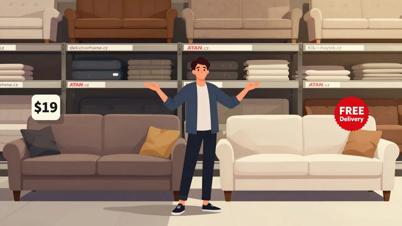 Person comparing a high-priced sofa in a store with a discounted one in a bright warehouse.