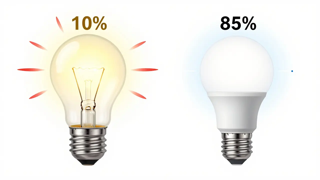 Porovnání energetické účinnosti žárovky a LED – teplo a světlo v grafické formě.