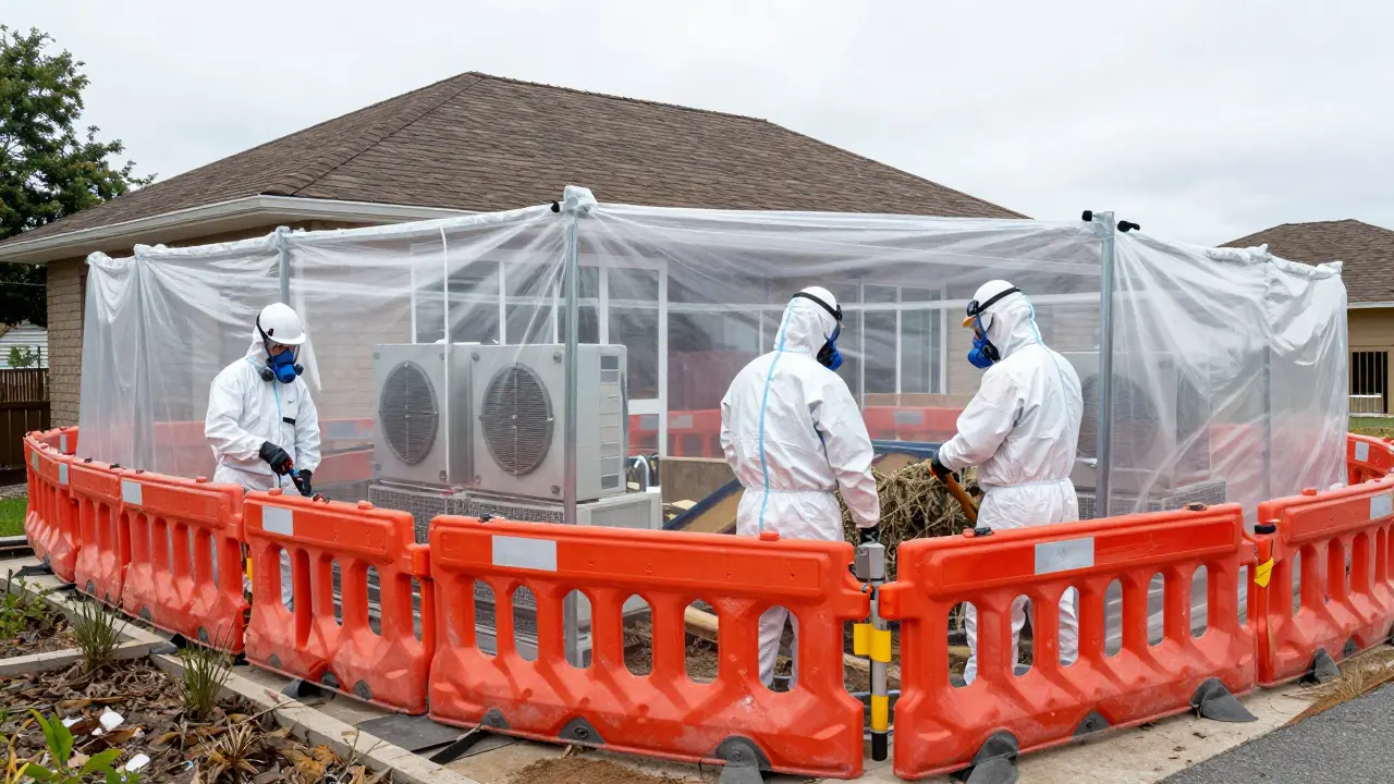 Pracovníci v ochranných oblecích při sanaci azbestu