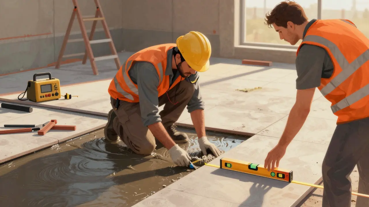 Pracovník a kontrolor kvality společně kontrolují vodotěsnost podlahy během rekonstrukce.