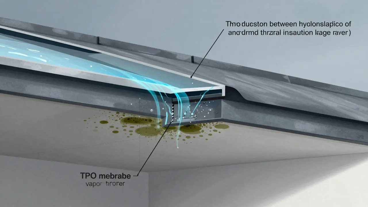Průřez ploché střechy ukazující skrytou vlhkost mezi izolačními vrstvami a vznik plísně.