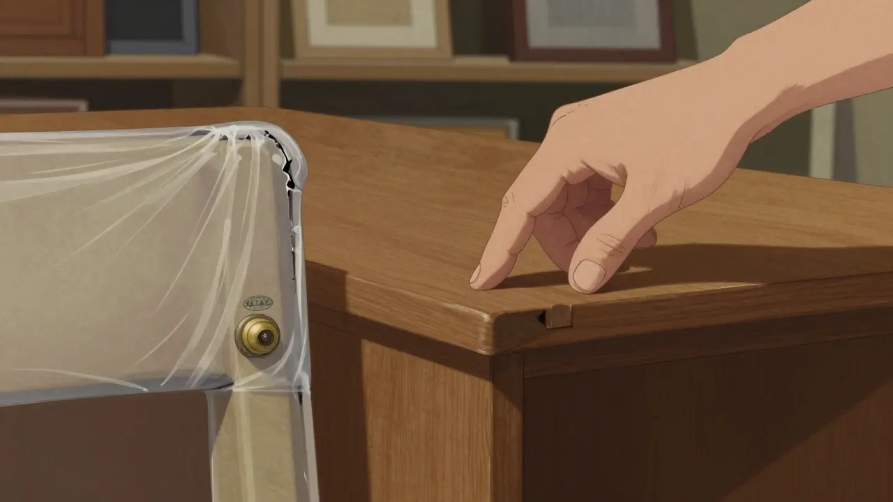 Ruka zkouší kvalitu dřeva a viditelného dřevěného spoje na vintage skříni s mosaznou rukojetí.