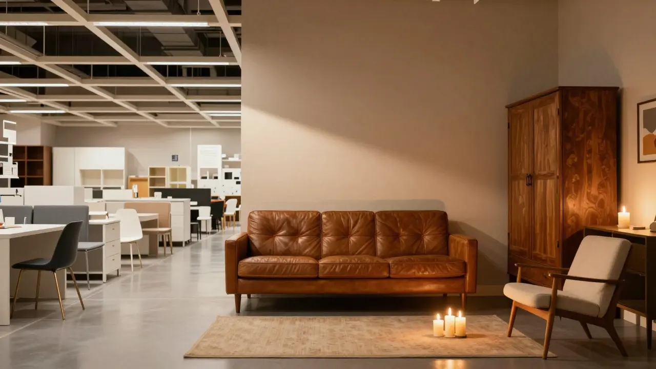 Srovnání nového nábytku z obchodu a restaurovaného vintage nábytku v domácím prostředí.