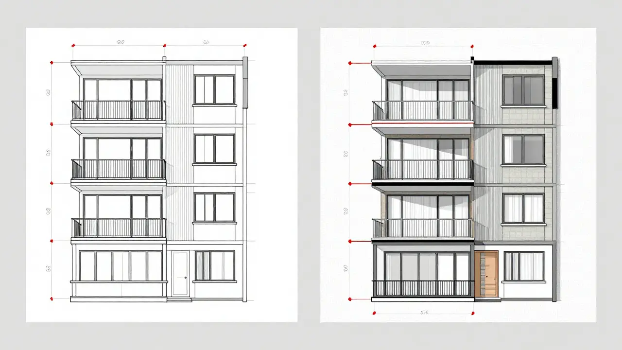 Srovnání původního a změněného projektu domu s vyznačenými rozdíly v dispozici, fasádě a balkónu.