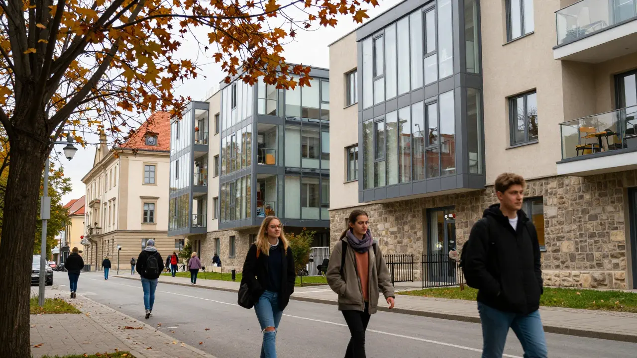 Studenti chodí kolem nových bytů v akademickém centru Brna.