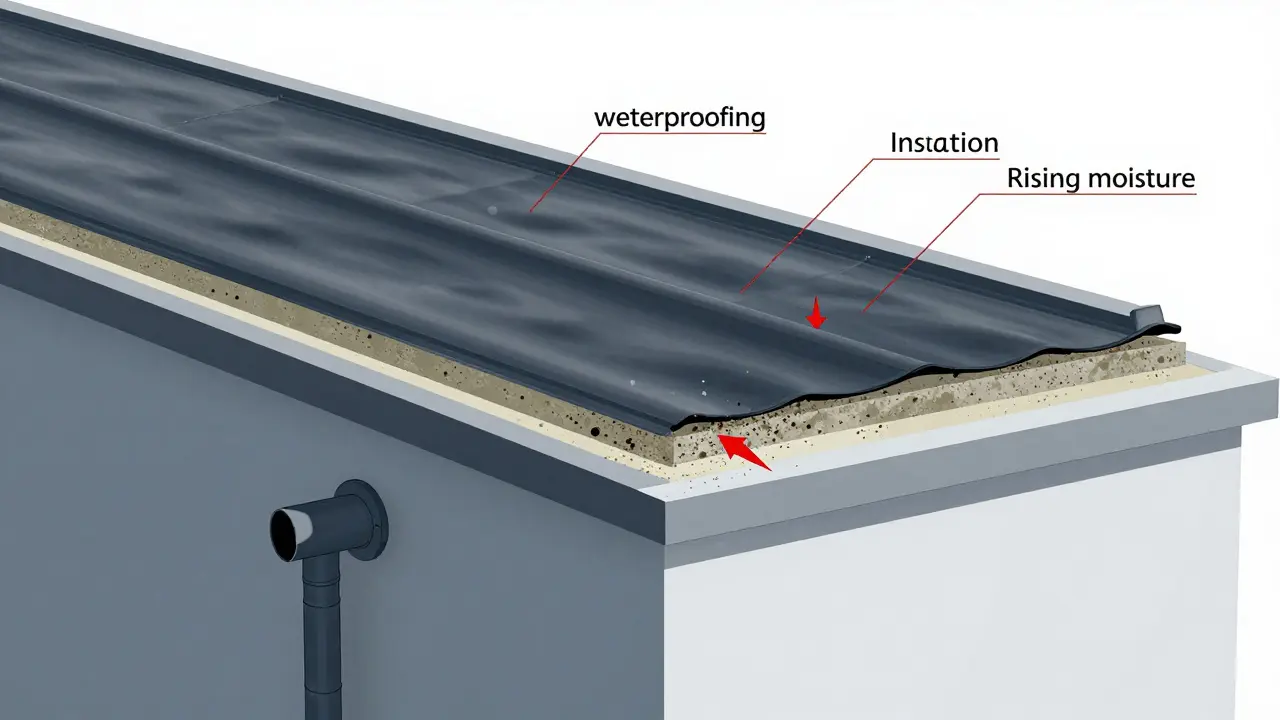 Technický řez plochou střechou ukazující průnik vody skrz izolaci a zanesené vpusti.