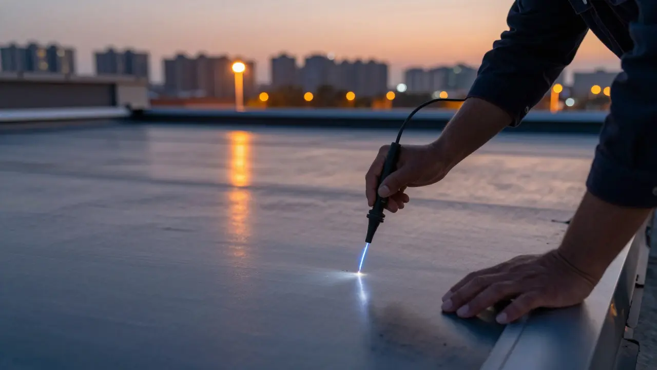 Technik provádějící jiskrovou zkoušku na ploché střeše, kde je vidět elektrický oblouk na malé trhlině.