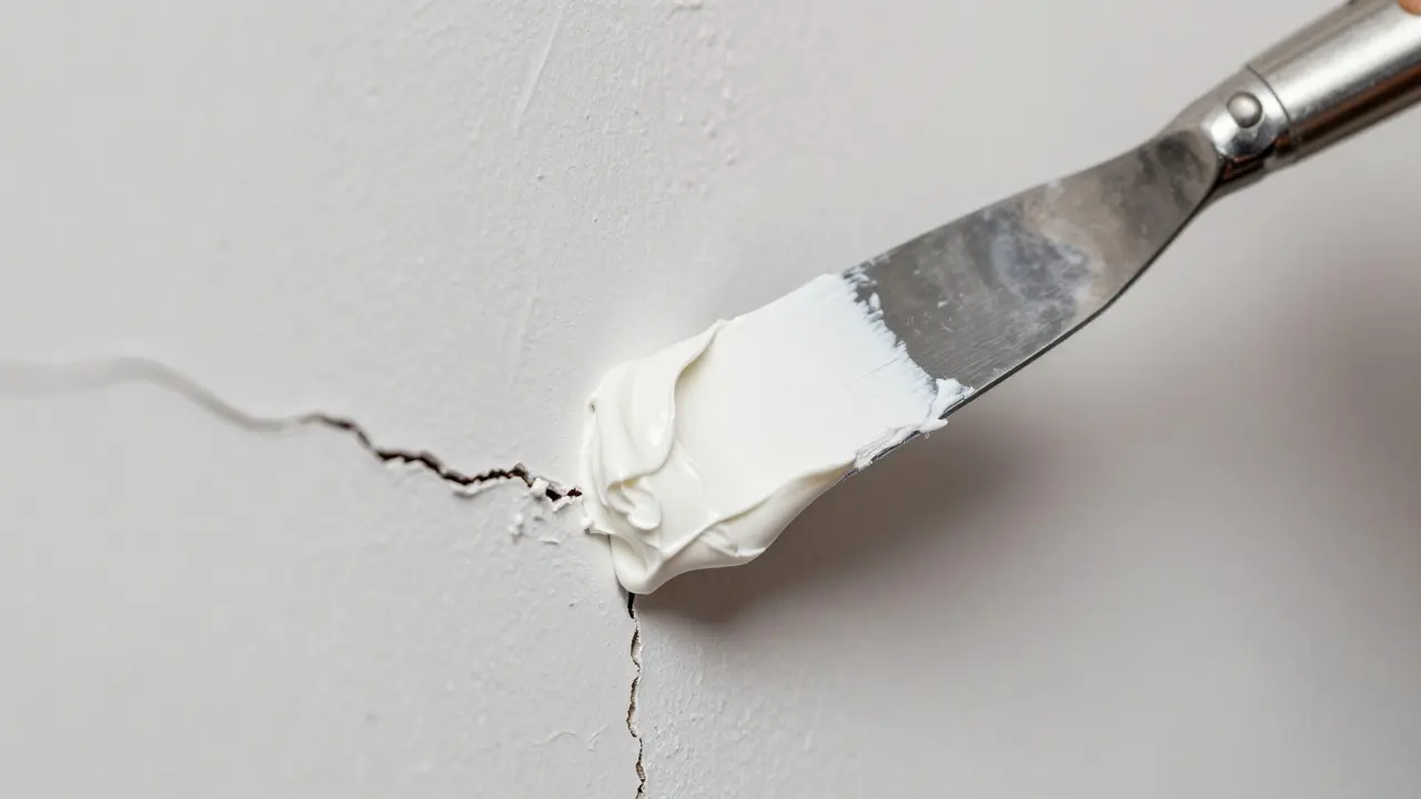 Aplikace sádrové stěrky do praskliny ve zdi pomocí špachle.