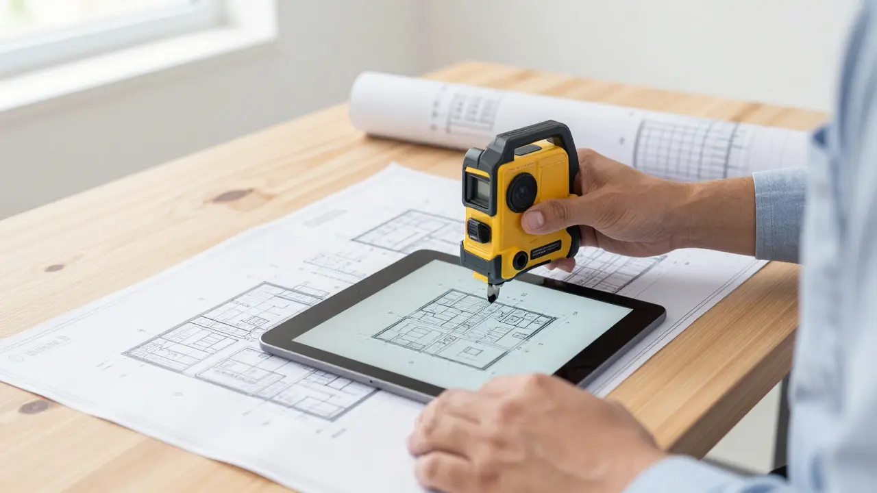 Architekt při zaměřování domu pro pořízení pasportu stavby s digitálními plány.