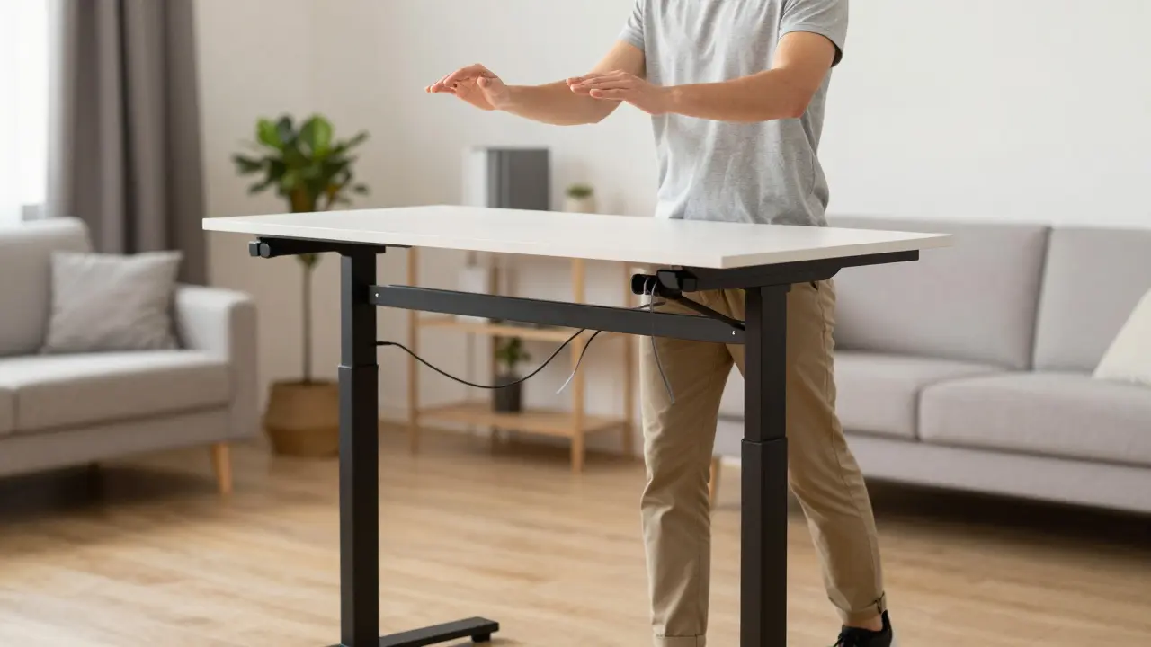 Člověk pracuje u stolu s elektricky nastavitelnou výškou v poloze stojící.