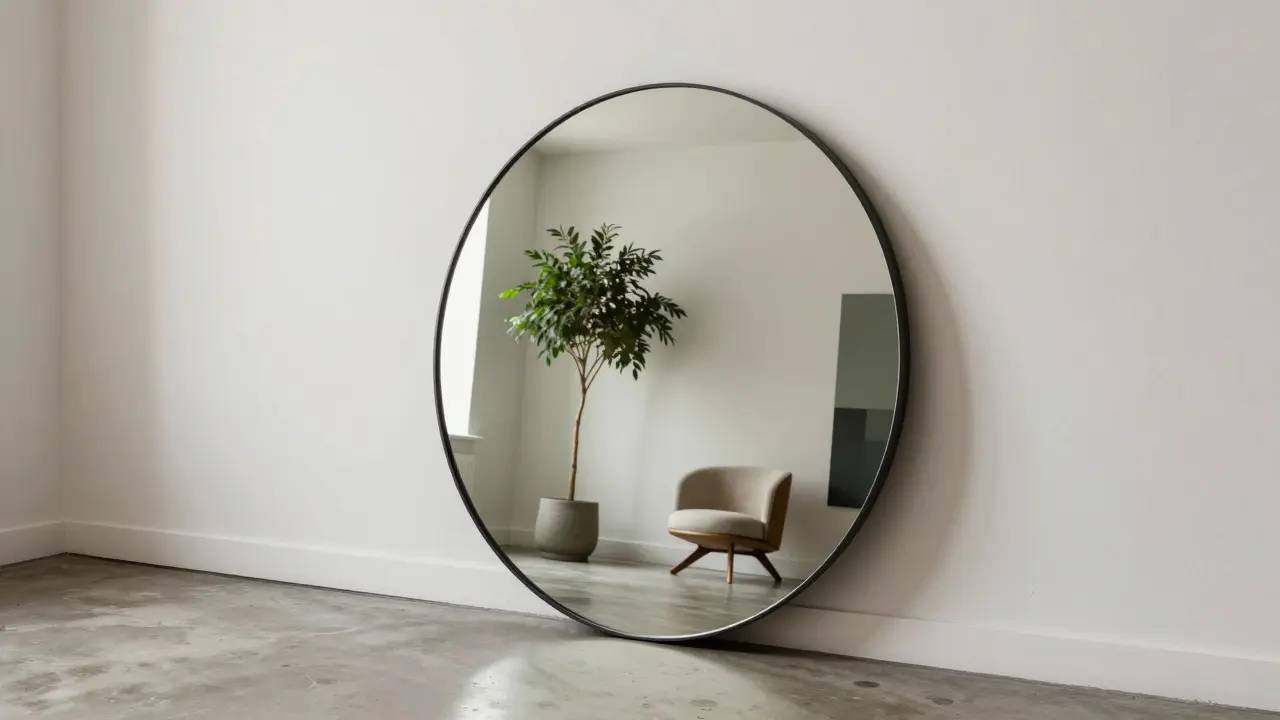 Designové kulaté zrcadlo opřené o stěnu v minimalistickém interiéru s vysokým stropem.