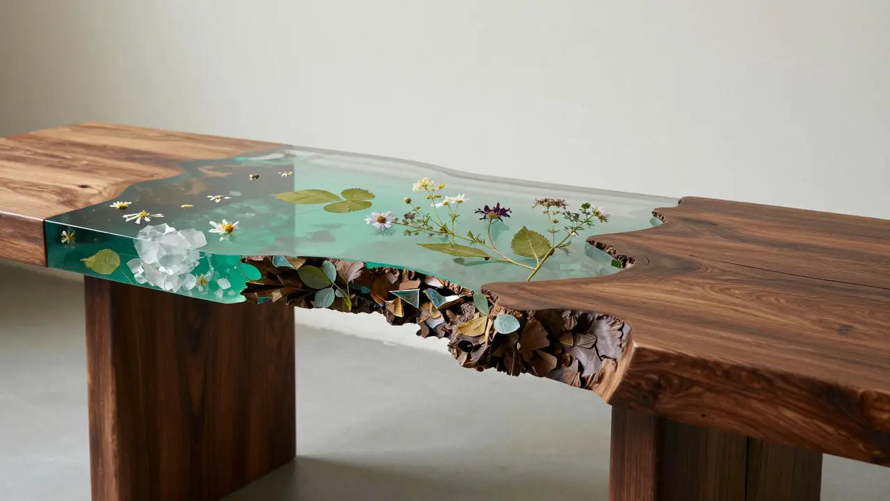 Designový dřevěný stůl s organickými detaily zalitými v zelené pryskyřici.