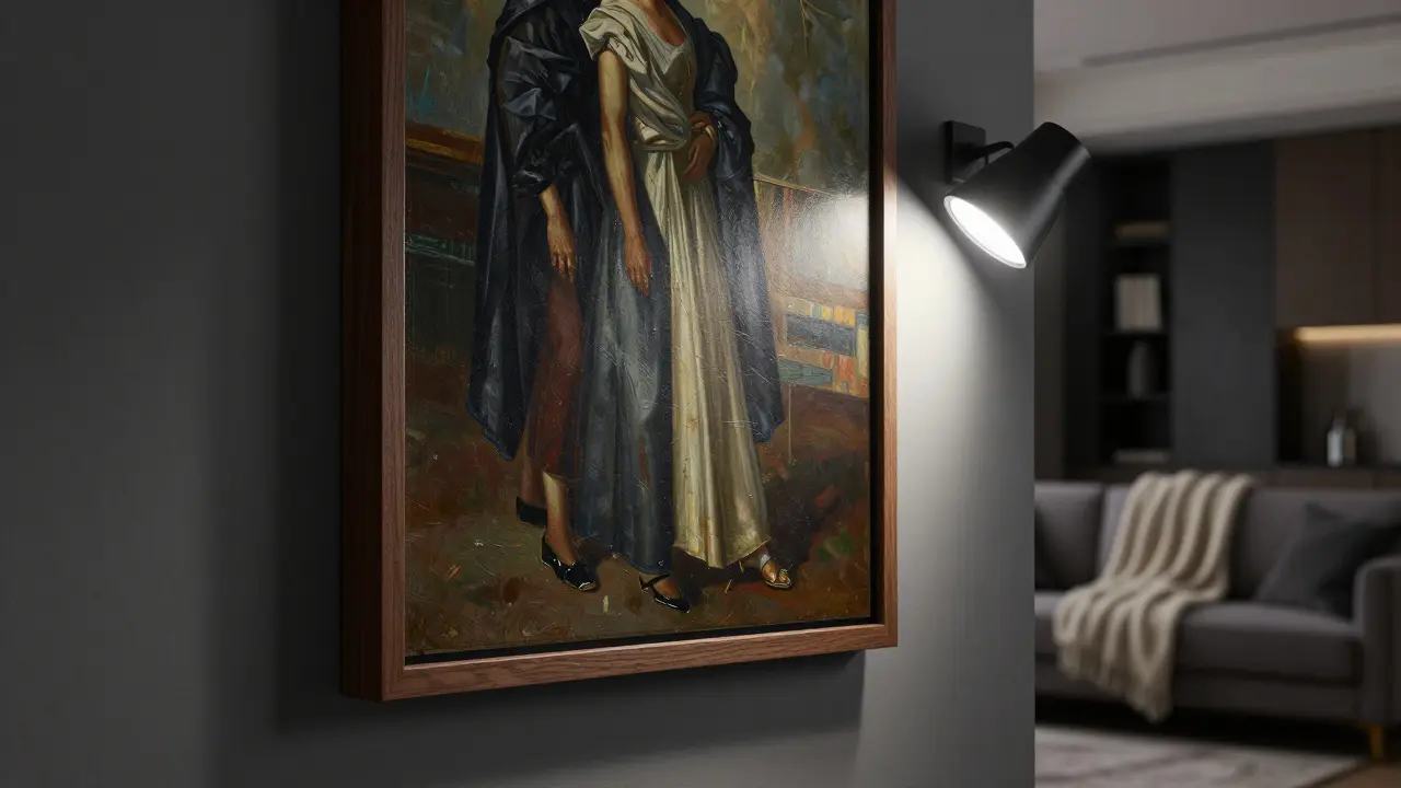 Detail osvětleného obrazu v dřevěném rámu v elegantním interiéru.