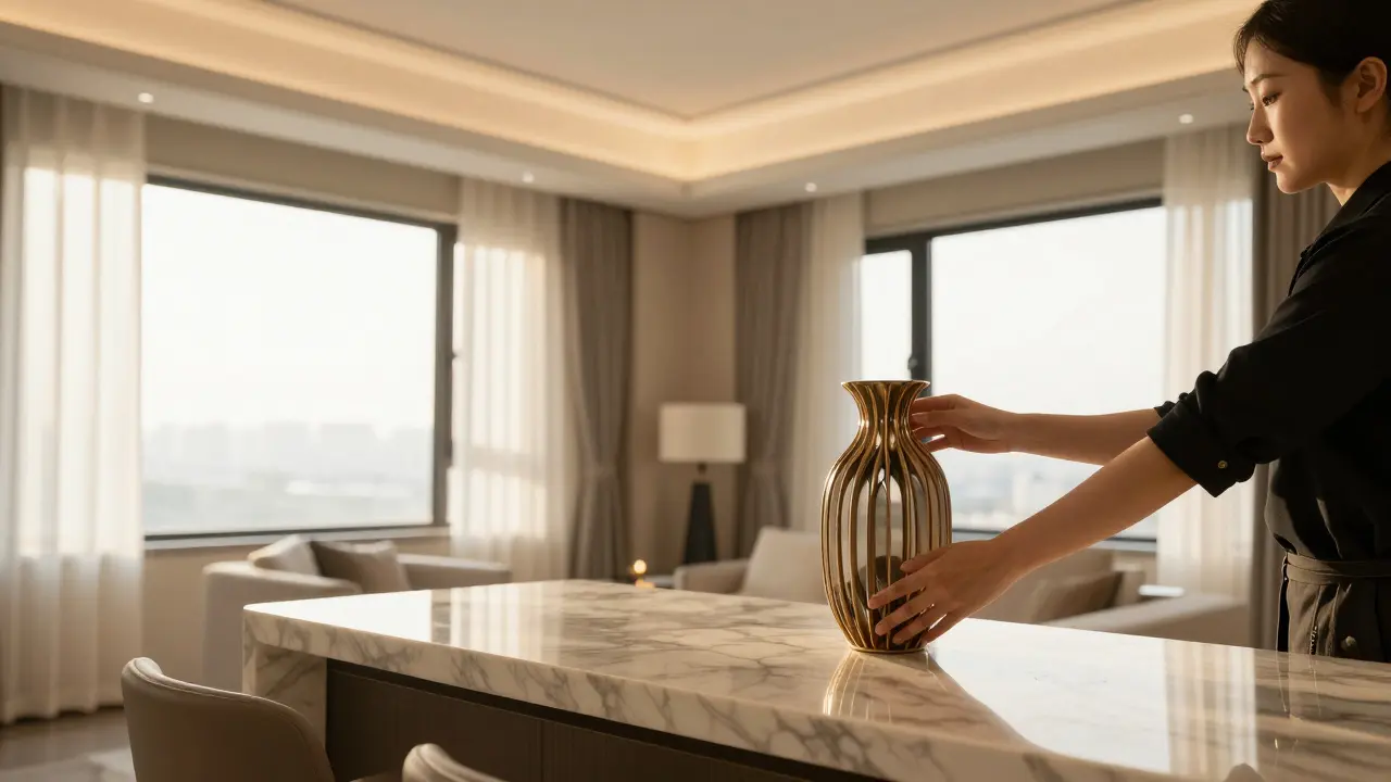 Detail přípravy luxusního bytu k prohlídce s důrazem na staging a čistotu.