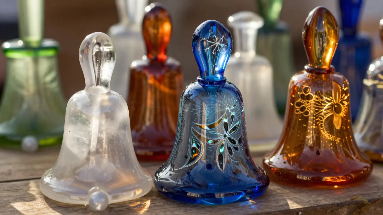 Detail ručně foukaných skleněných zvonků s krásnou hrou světla a barev.