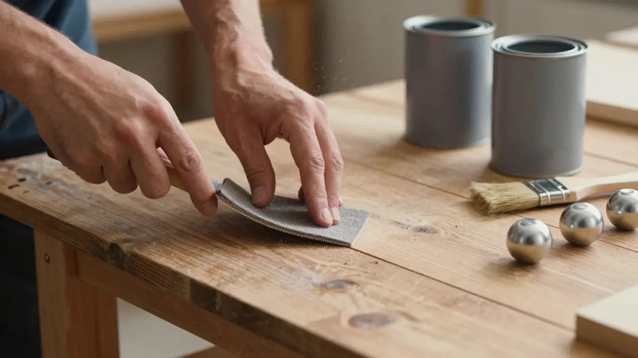 Detail ruky brousící dřevěný stůl z palet s nářadím pro renovaci.