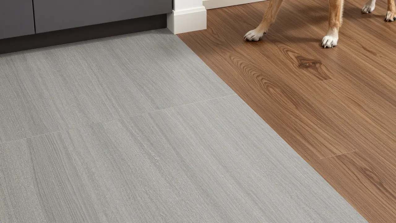 Detail vinylové podlahy s imitací dřeva a kamene s tlapkou psa.