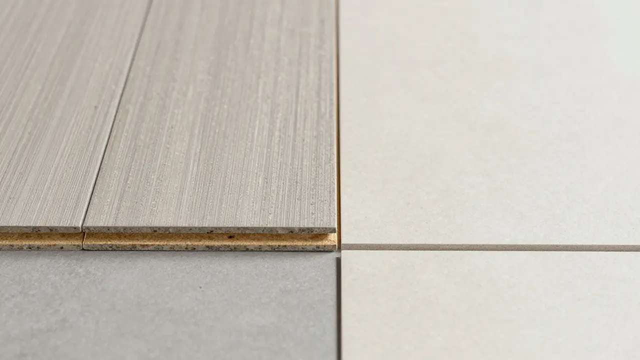 Detailní pohled na řez rigidní SPC podlahy a keramické dlažby