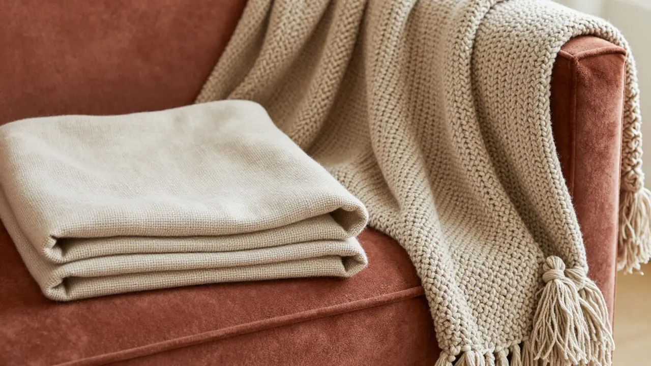 Detailní záběr na rozdíl mezi lehkou pletenou dekou a tlustým dekorativním přehozem s třásněmi.