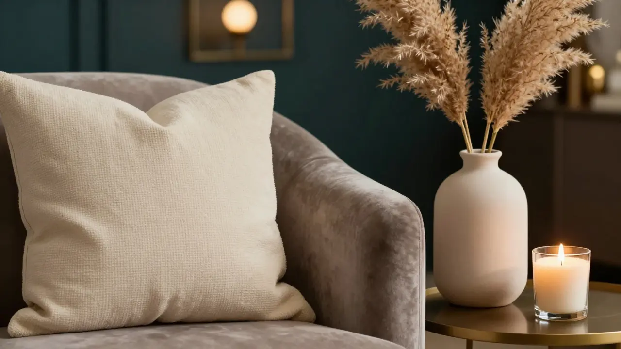 Detailní záběr na stylové dekorace, polštář a vazu v moderním interiéru.