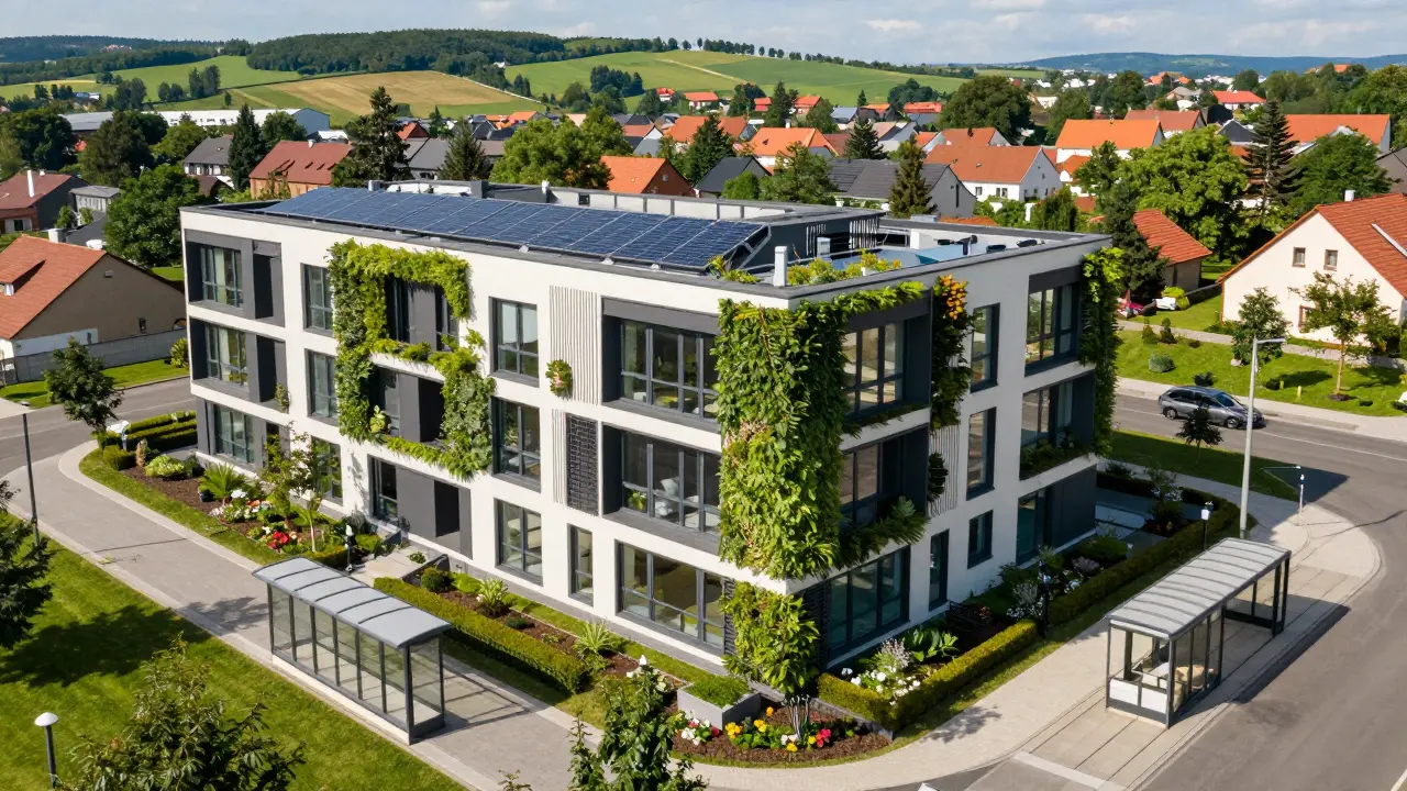 Ekologická novostavba s solárními panely v příměstské oblasti.