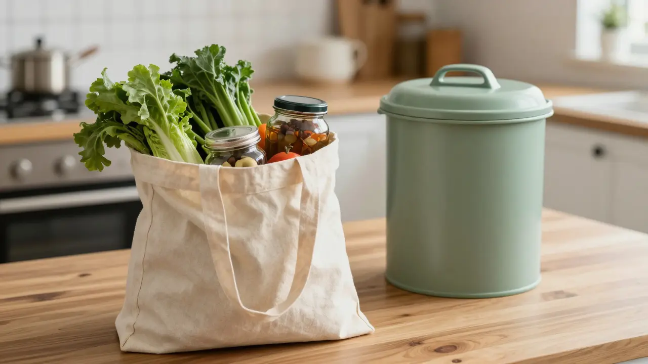 Ekologické nákupy v látkové tašce a kompostér v udržitelné kuchyni.