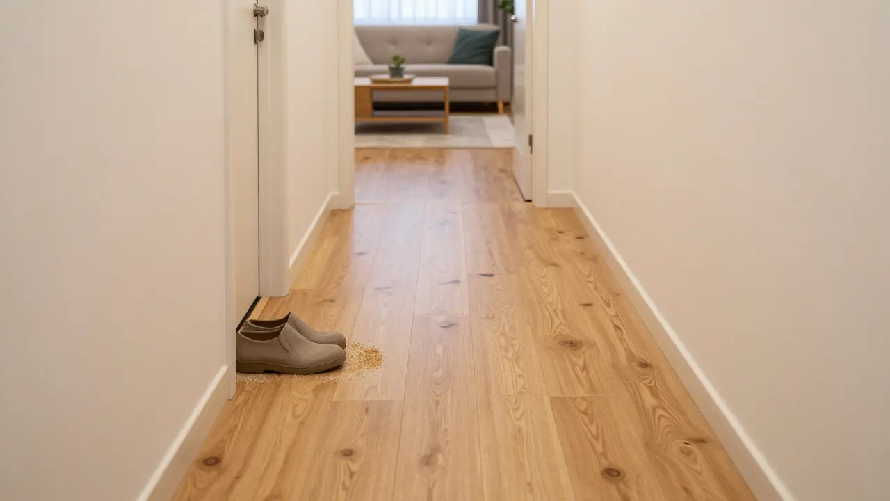 Jednotná vinylová podlaha v moderní chodbě a obývacím pokoji