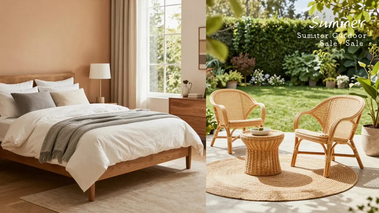 Koláž kombinující útulnou ložnici a slunný zahradní nábytek pro různé sezóny.