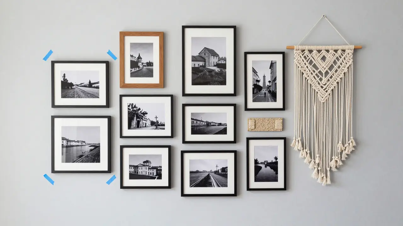 Kolaž různých nástěnných dekorací včetně makramé a fotografií.