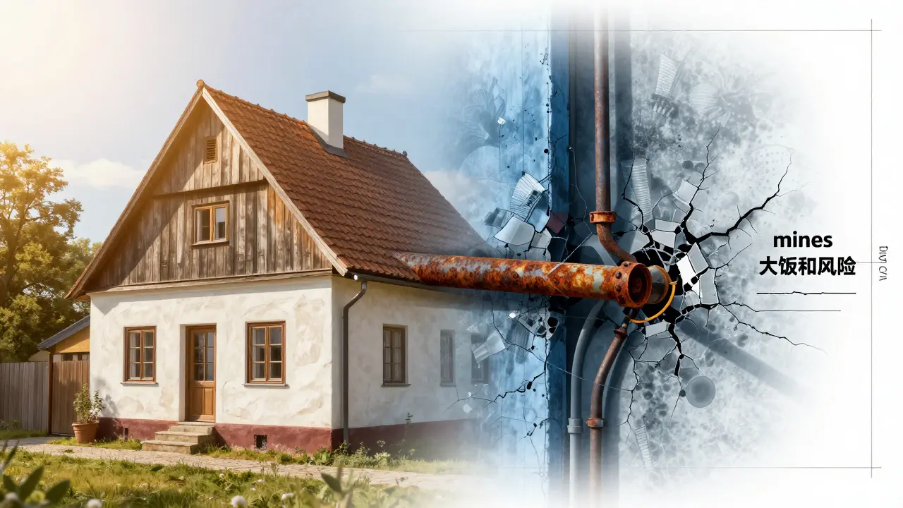 Kolaž znázornující krásný dům a jeho skryté technické vady.