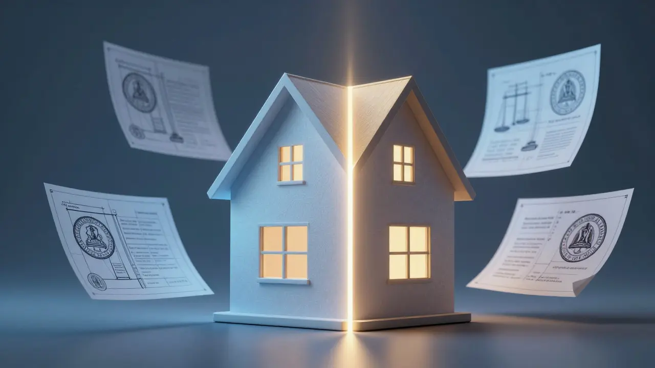 Konceptuální obraz domu rozděleného na dvě barevné poloviny.