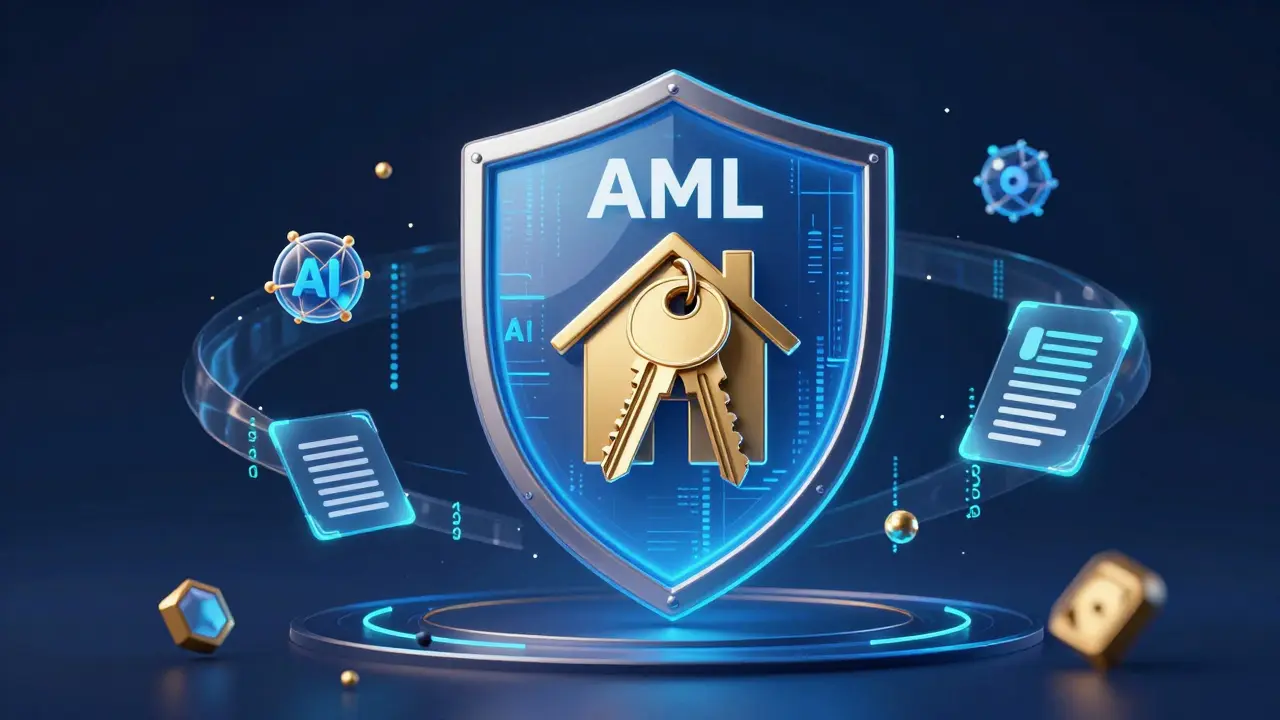 Konceptuální obraz kombinující realitní klíče s digitální bezpečností a AI.