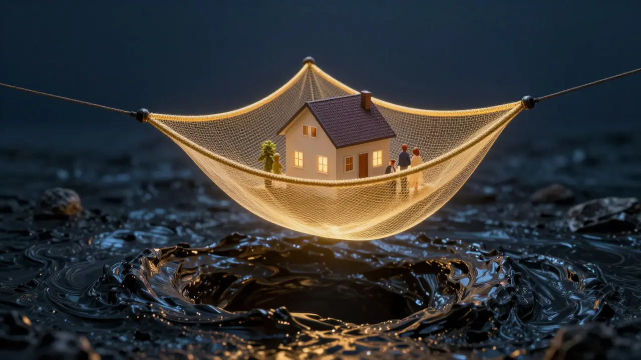 Konceptuální znázornění finanční pojistné sítě chránící dům a rodinu.