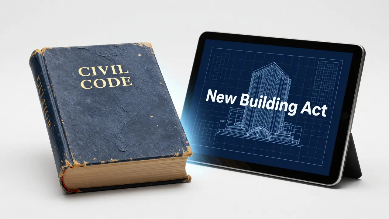Konceptuální zobrazení střetu mezi Občanským zákoníkem a novým stavebním zákonem.