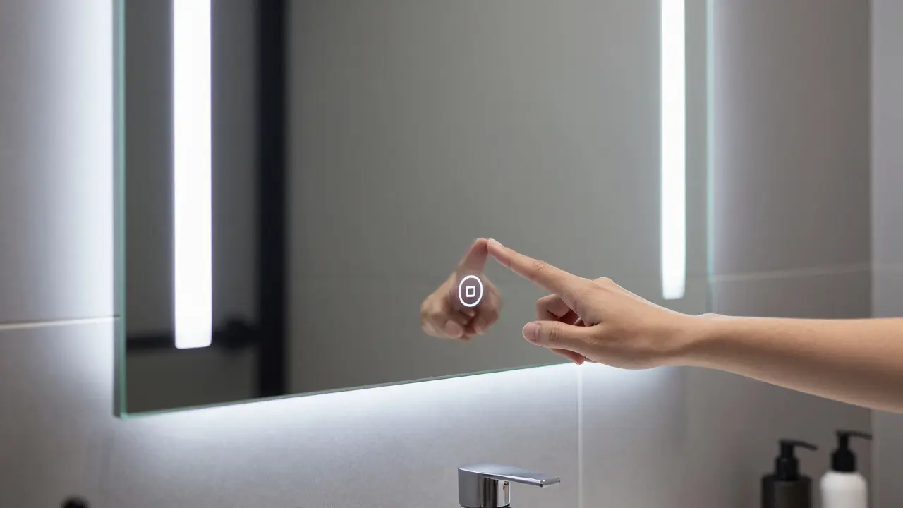 Moderní LED zrcadlo v koupelně s integrovaným bočním osvětlením a dotykovým ovládáním.