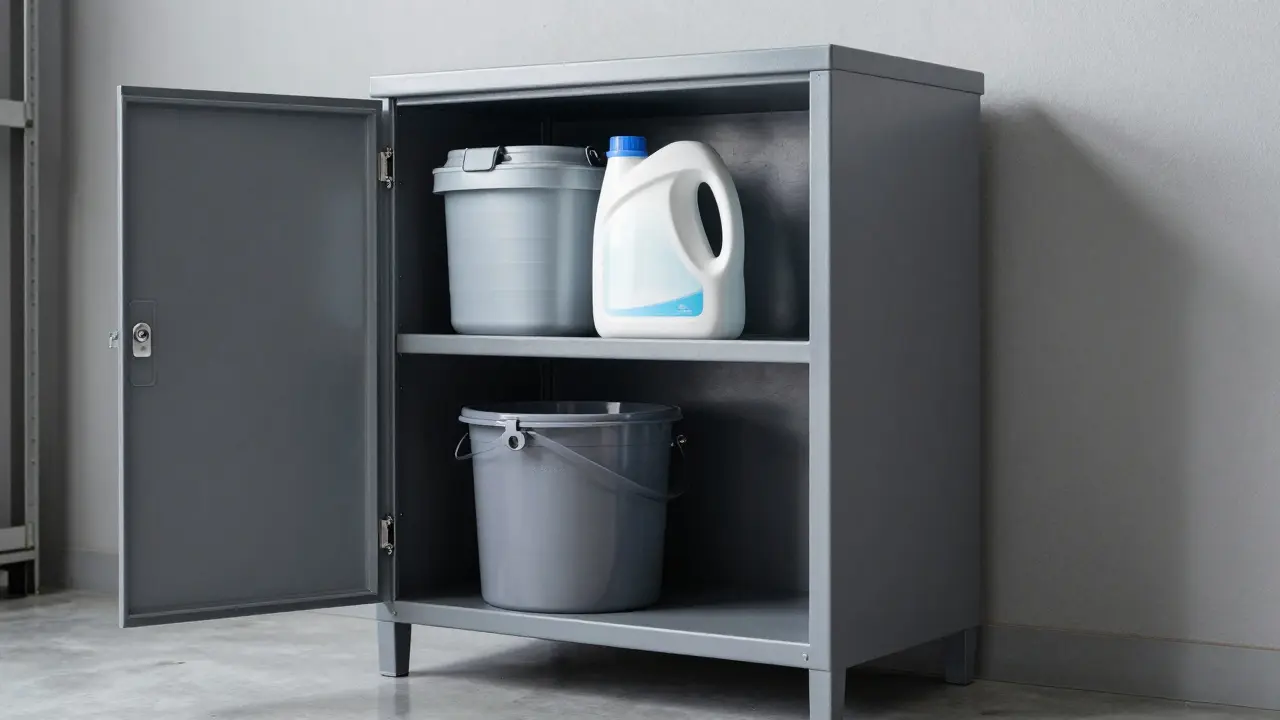 Odolná kovová hospodářská skříň v garáži s čistícími prostředky.