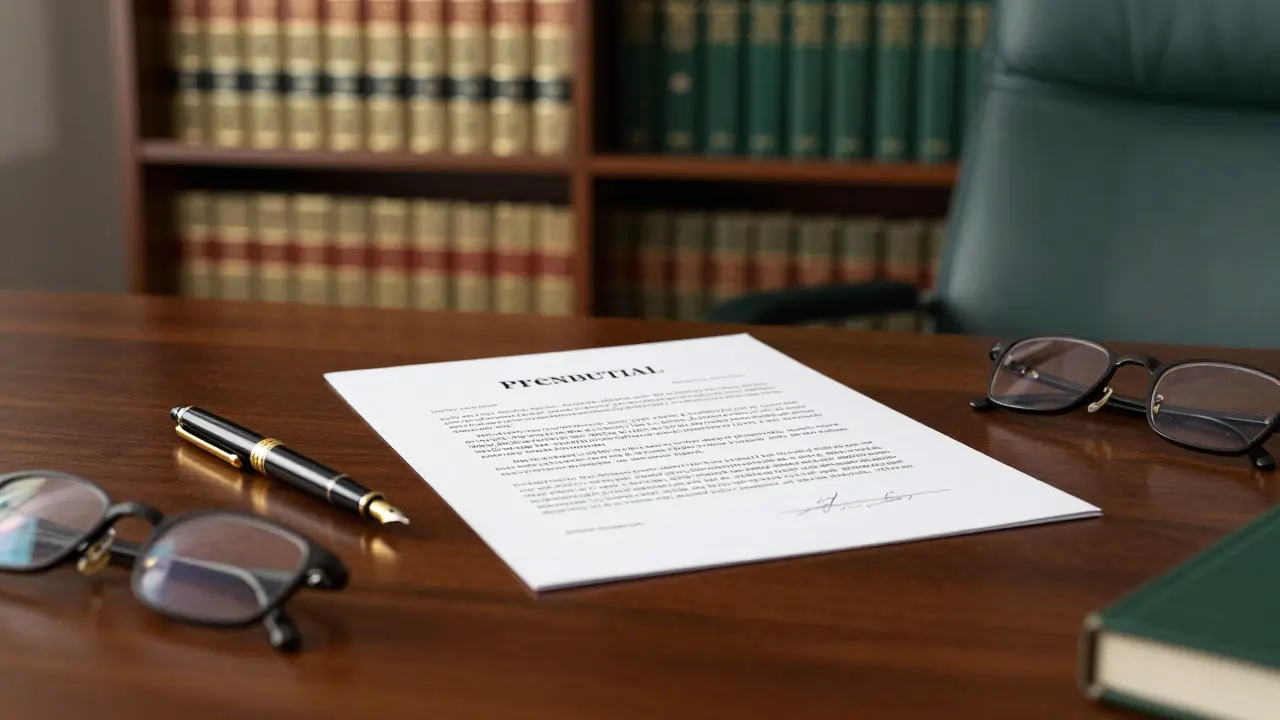 Podepsaná předmanželská smlouva na stole v advokátní kanceláři.