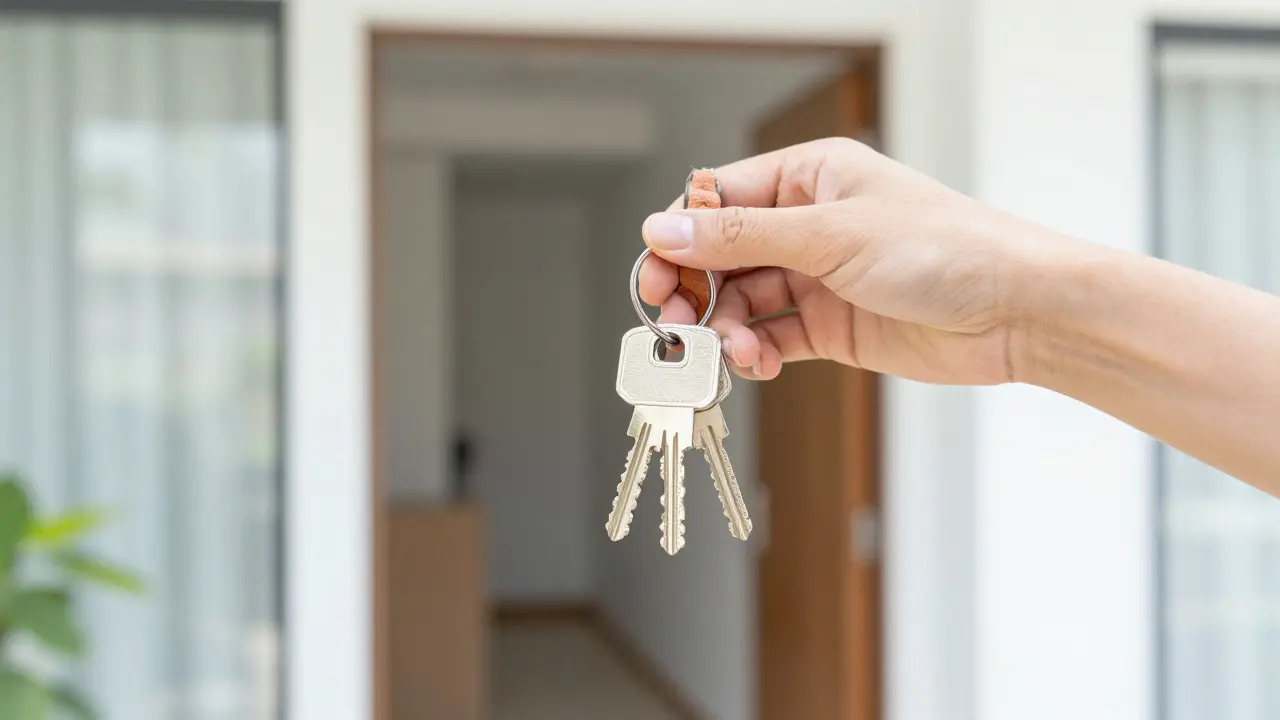 Ruka držící klíče od nového bytu před vchodem do domácnosti.