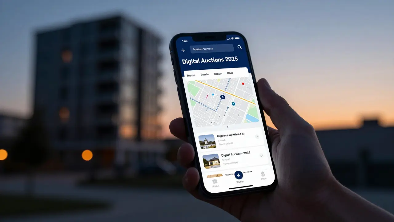 Ruka s chytrým telefonem prohlížející portál elektronických dražeb.