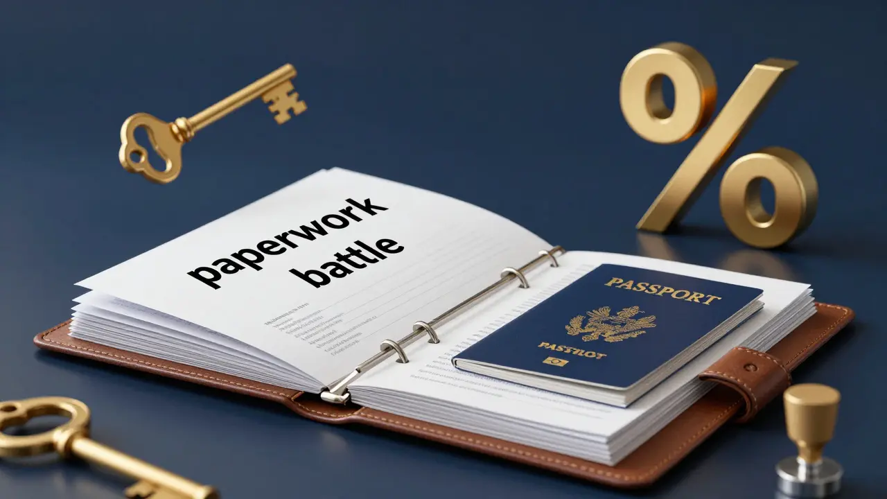 Složka s dokumenty pro hypotéku, pasy a symboly úrokových sazeb.