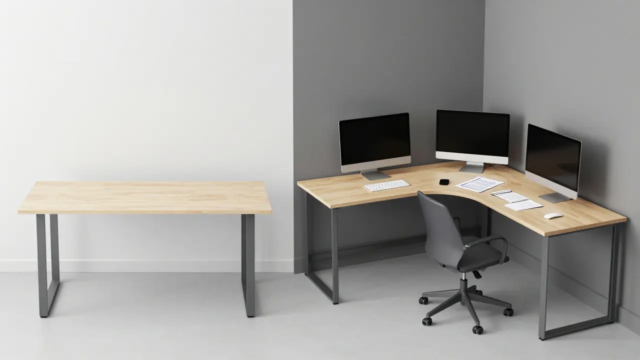 Srovnání obdélníkového a rohového psacího stolu pro různé pracovní postupy.