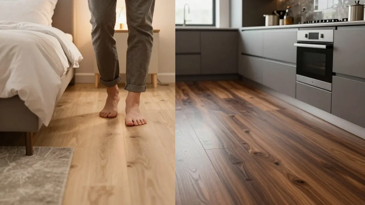 Srovnání útulné ložnice s PVC podlahou a moderní kuchyně s vinylovou podlahou.