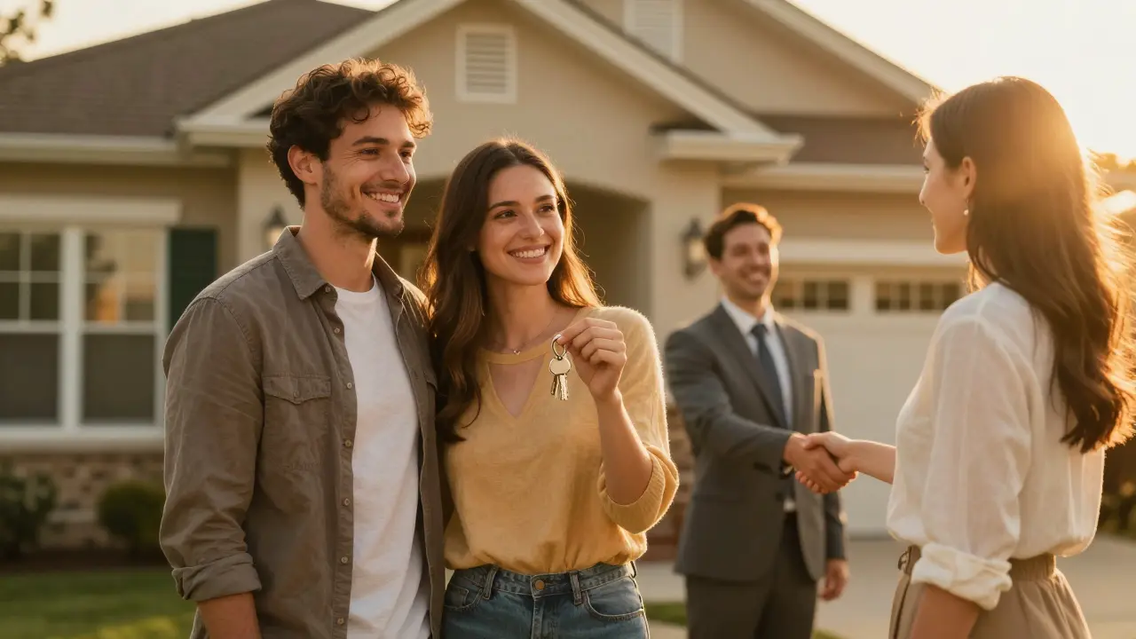 Šťastný pár s klíčemi před novým domem a spokojení poradce v pozadí.