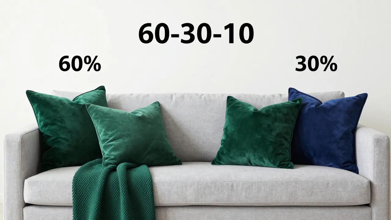 Světlý interiýr obývacího pokoje s kontrastními smaragdovými a modrými polštáři v různých tvarech.