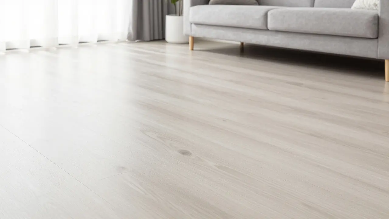 Světlý moderní obývací pokoj s odolnou laminátovou podlahou v neutrálních barvách.