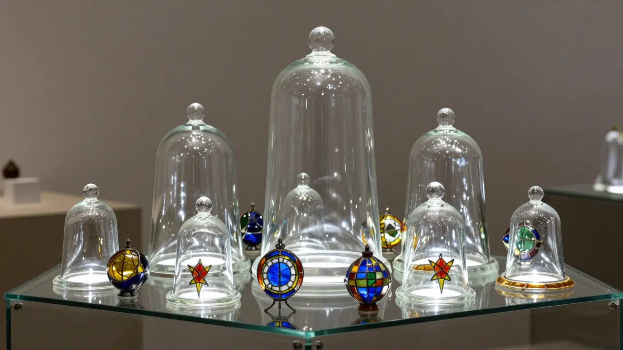 Vitrína s LED podsvícením a správně rozmístěnými skleněnými dekoracemi.